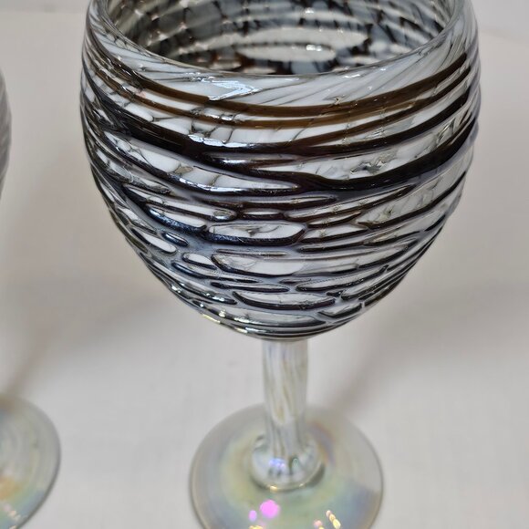 Unique Hand Blown Art Glass 2 Goblets With Chocolate Web Design Over White Base - Picture 12 of 12